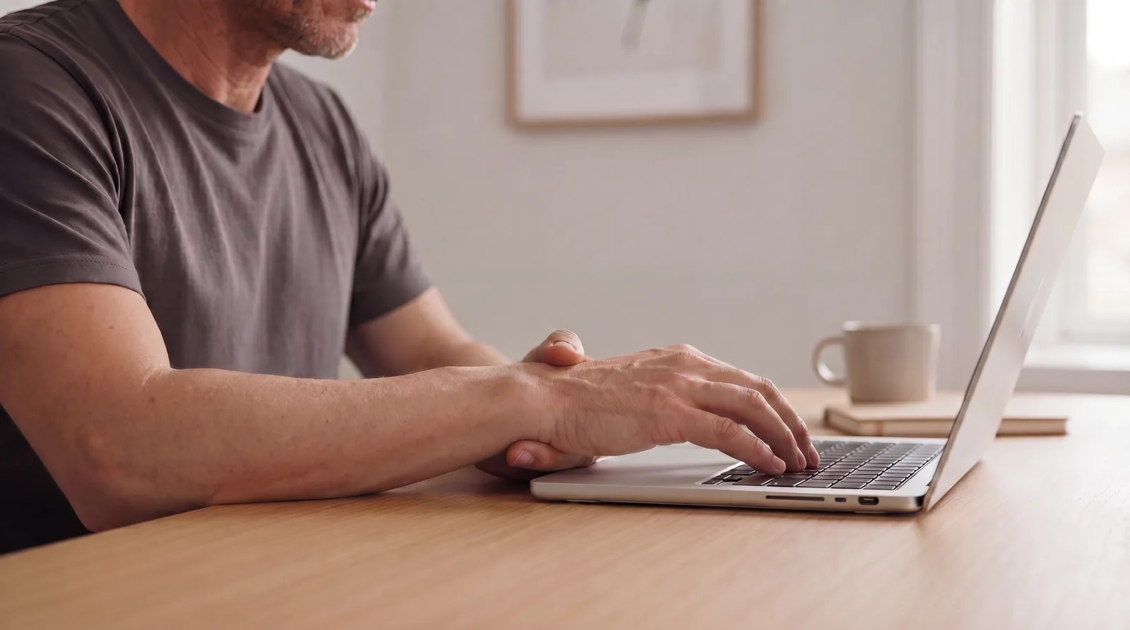 Mężczyzna pracujący przy laptopie, dłonie na klawiaturze